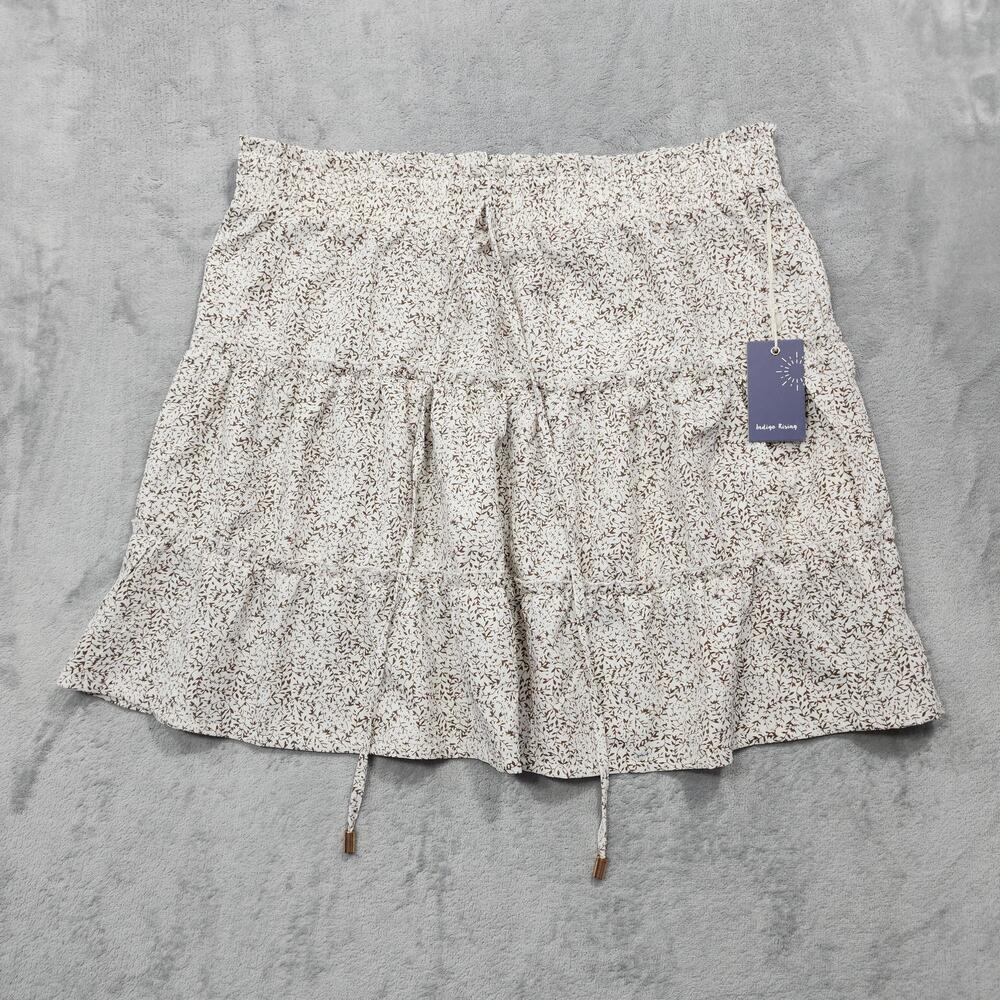 Indigo Rising Skirt Womens XL White Brown Floral Ruffle Tiered Mini Pull On Tie
